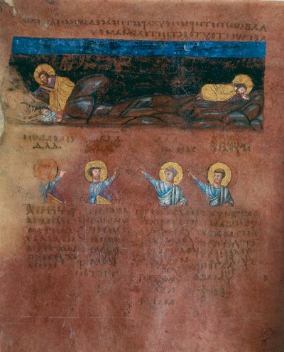 Detail eines Folios aus dem Codex Purpureus Rossanensis, griechische Evangelistenminiatur in einem Skriptorium wahrscheinlich aus Antiochia in Syrien oder Caesarea Palestina. Aufbewahrt im Diözesanmuseum von Rossano von Byzantine School